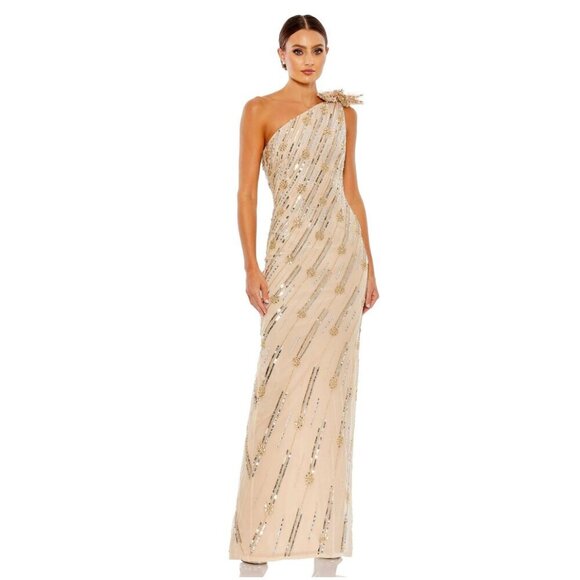 NWT Mac Duggal Embellished Floral Detail One Shoulder Gown 0 Nude Gold #8241 - Picture 1 of 8